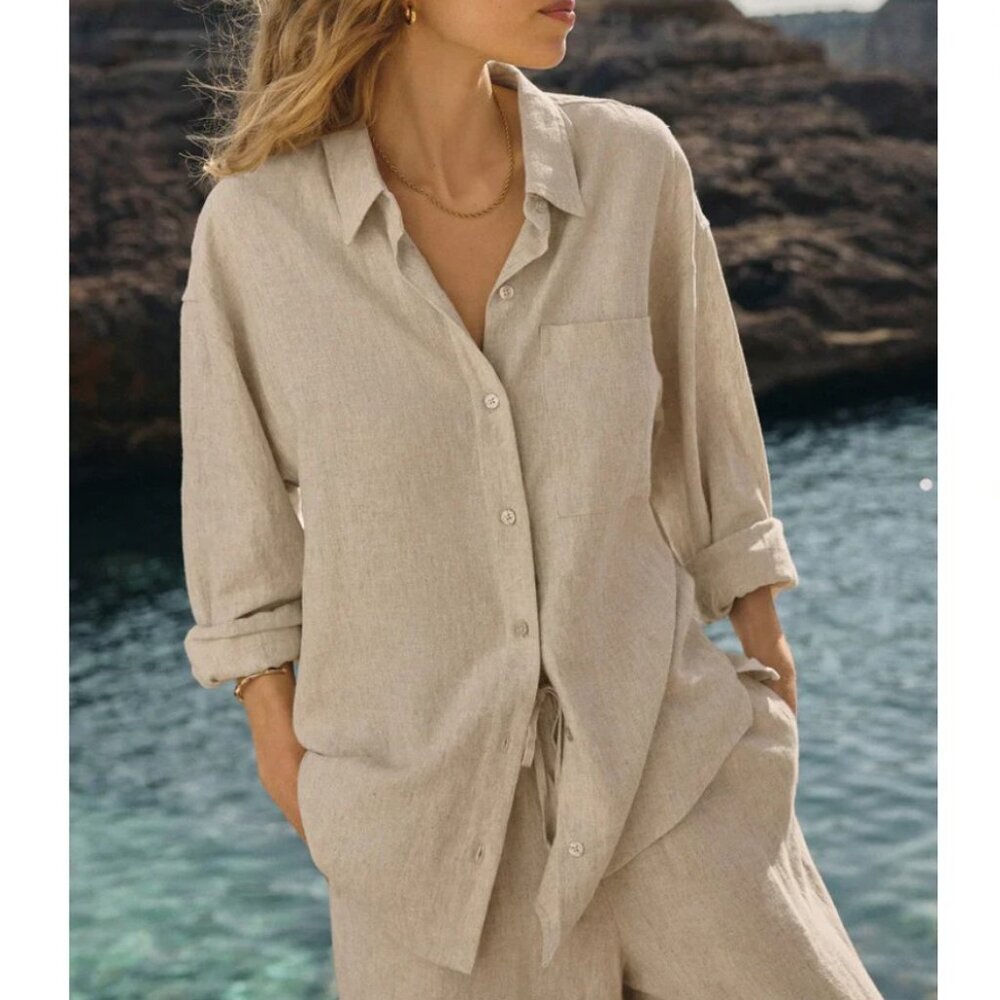 Zara Women's Breathable Linen Button Down Shirt Blouse Light Tan L